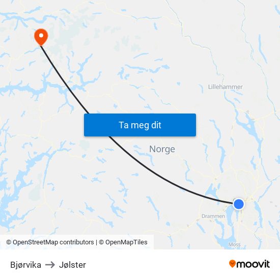 Bjørvika to Jølster map