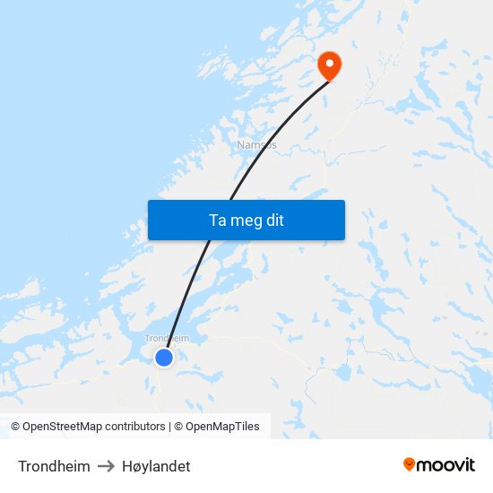 Trondheim to Høylandet map
