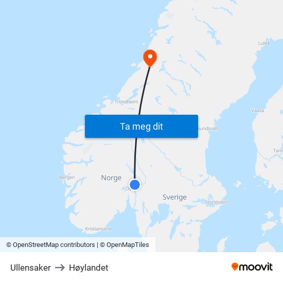 Ullensaker to Høylandet map