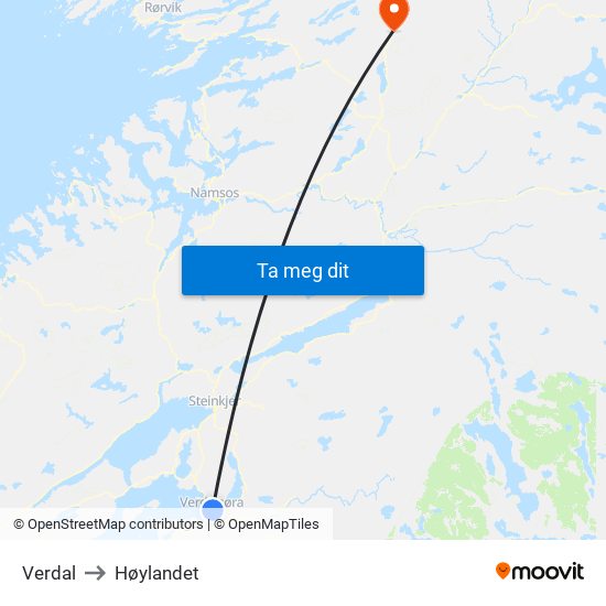 Verdal to Høylandet map