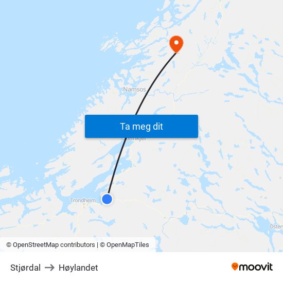 Stjørdal to Høylandet map