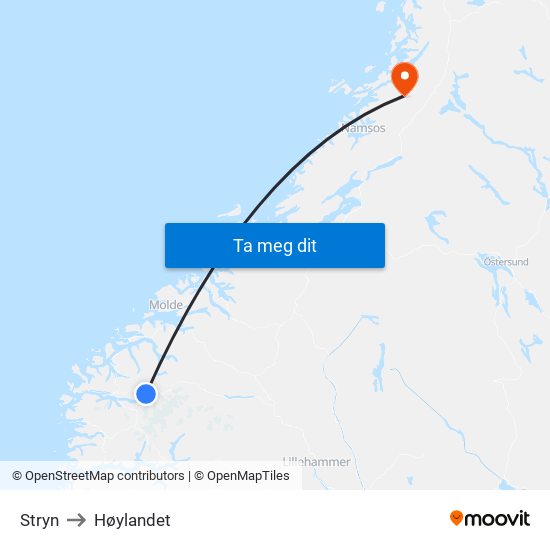 Stryn to Høylandet map