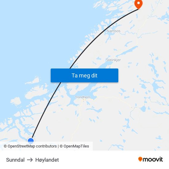 Sunndal to Høylandet map