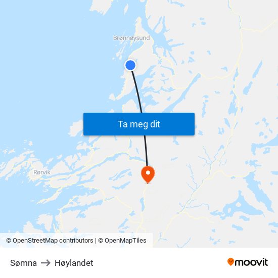 Sømna to Høylandet map