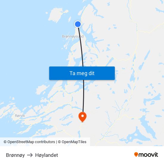 Brønnøy to Høylandet map