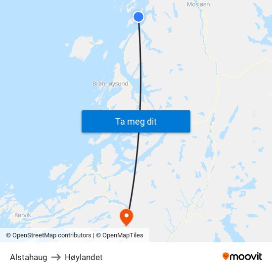 Alstahaug to Høylandet map