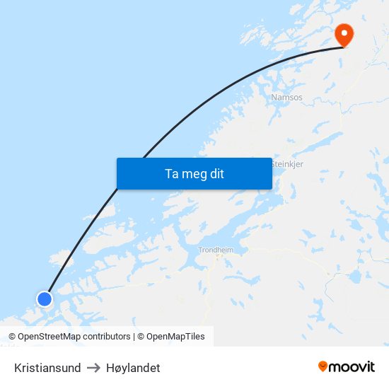 Kristiansund to Høylandet map