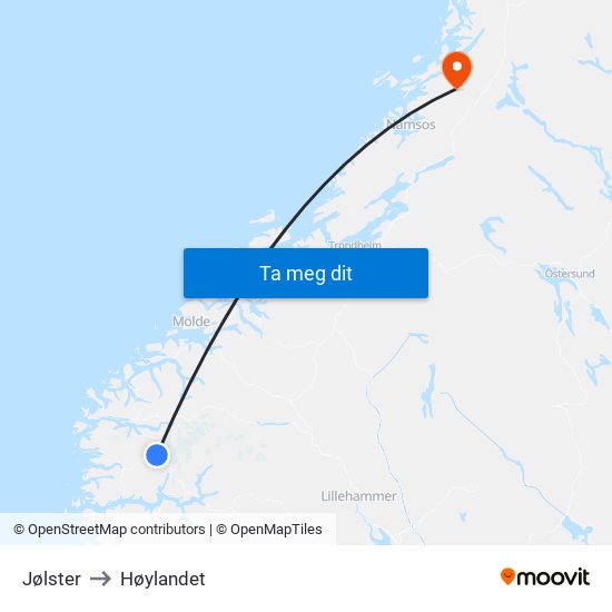 Jølster to Høylandet map