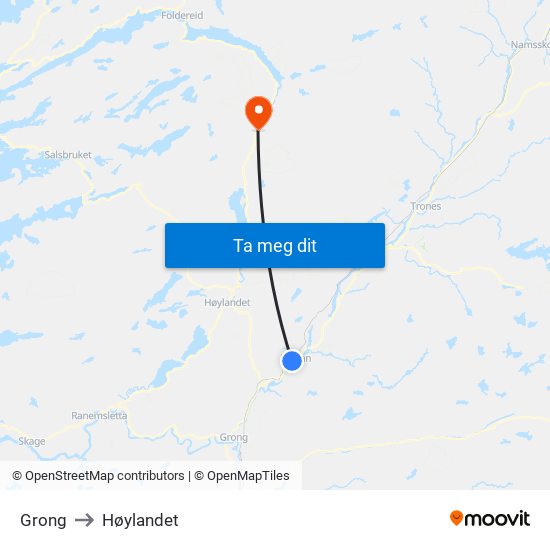 Grong to Høylandet map
