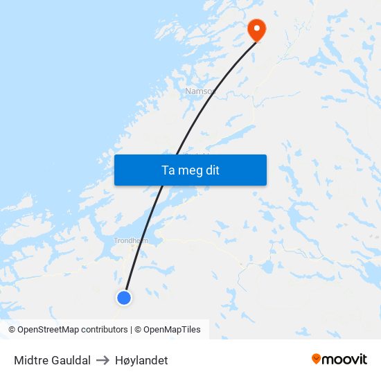Midtre Gauldal to Høylandet map