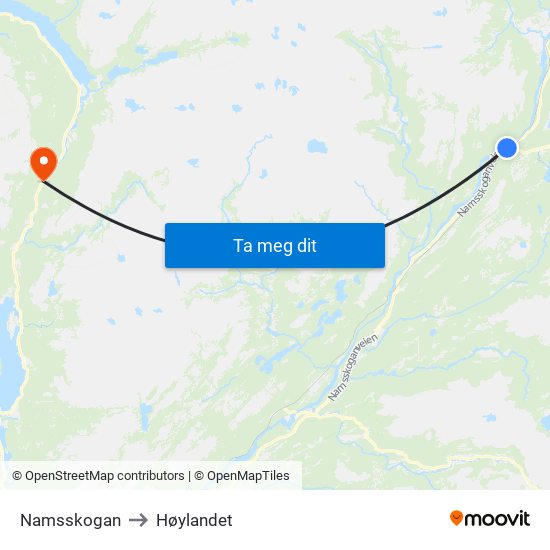 Namsskogan to Høylandet map