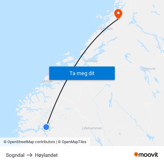 Sogndal to Høylandet map