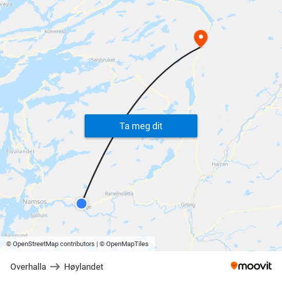 Overhalla to Høylandet map