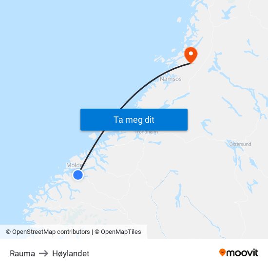 Rauma to Høylandet map