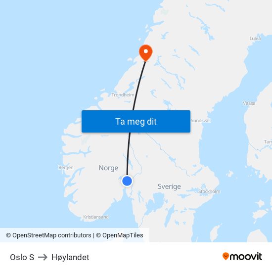 Oslo S to Høylandet map