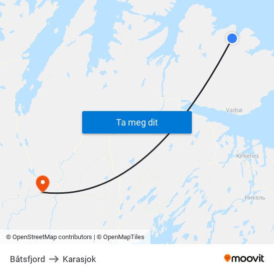 Båtsfjord to Karasjok map