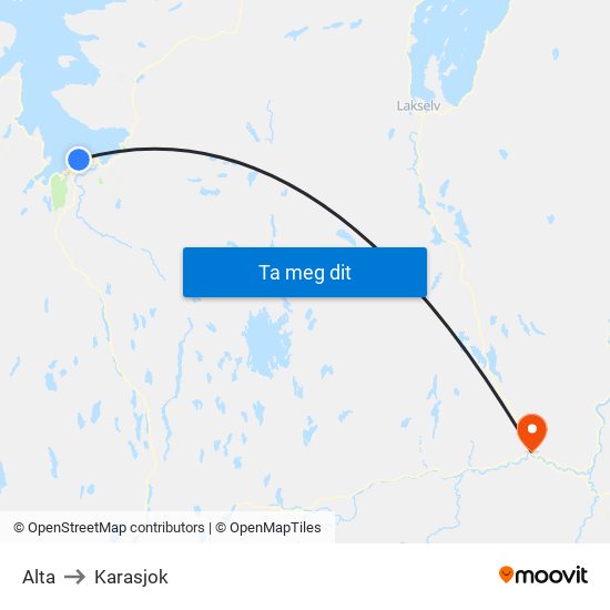 Alta to Karasjok map