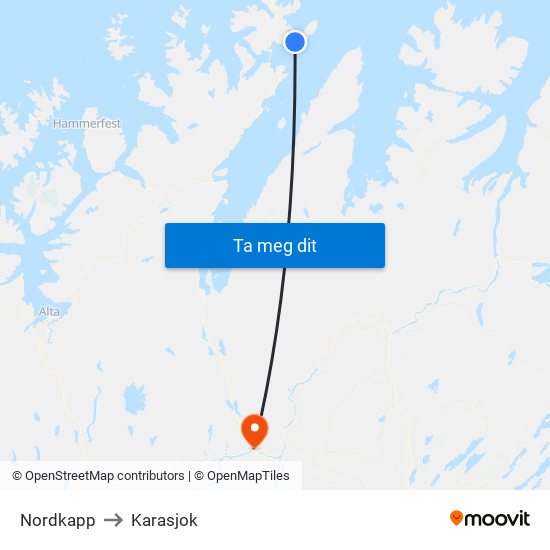 Nordkapp to Karasjok map