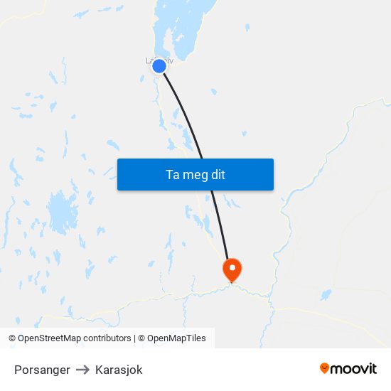 Porsanger to Karasjok map