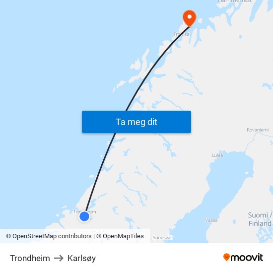 Trondheim to Karlsøy map