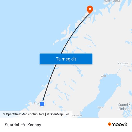 Stjørdal to Karlsøy map