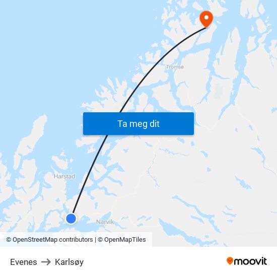 Evenes to Karlsøy map