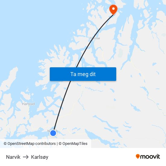 Narvik to Karlsøy map