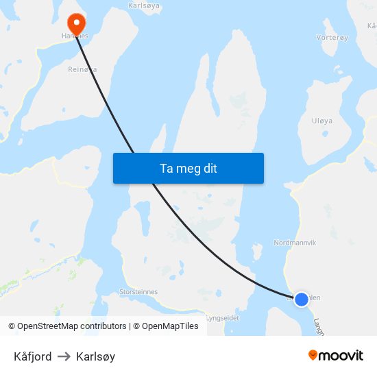 Kåfjord to Karlsøy map