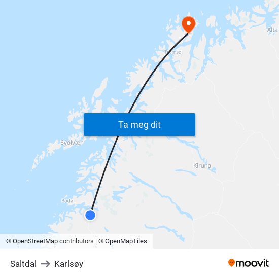 Saltdal to Karlsøy map