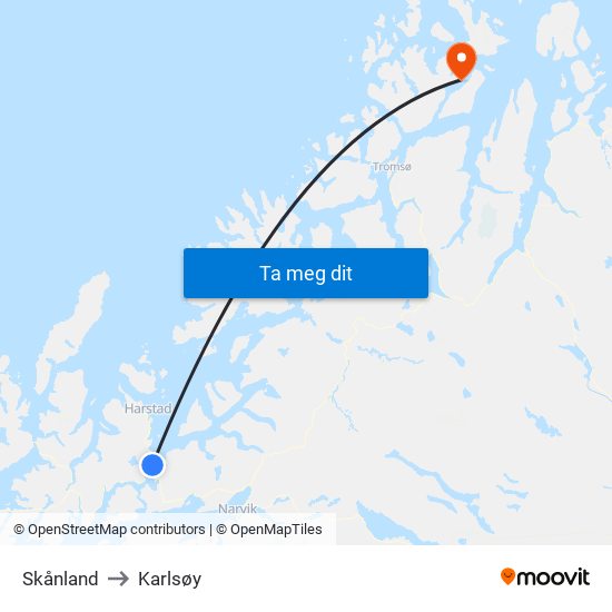 Skånland to Karlsøy map