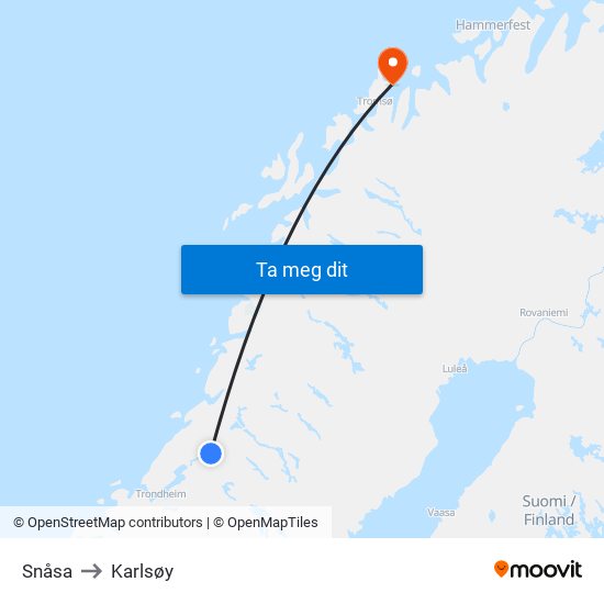 Snåsa to Karlsøy map