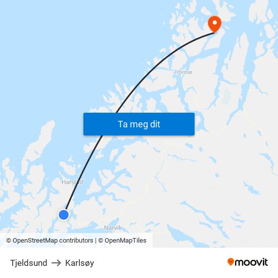 Tjeldsund to Karlsøy map