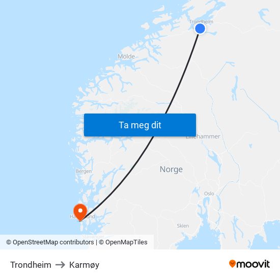 Trondheim to Karmøy map