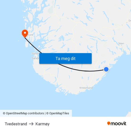 Tvedestrand to Karmøy map