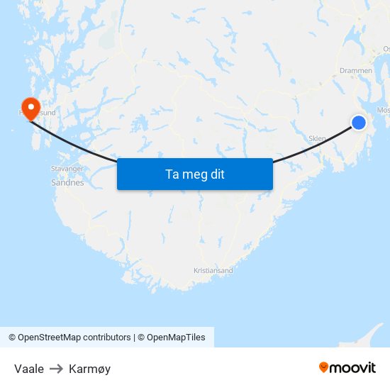Vaale to Karmøy map