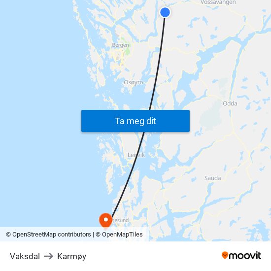 Vaksdal to Karmøy map