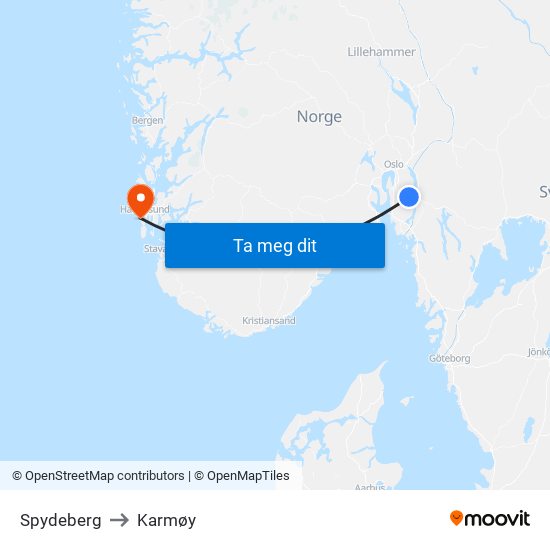 Spydeberg to Karmøy map