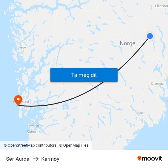 Sør-Aurdal to Karmøy map