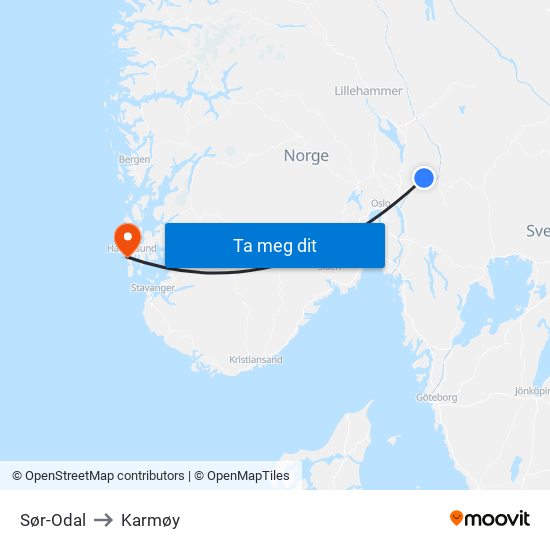 Sør-Odal to Karmøy map
