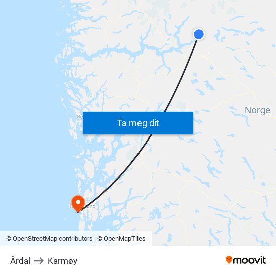 Årdal to Karmøy map