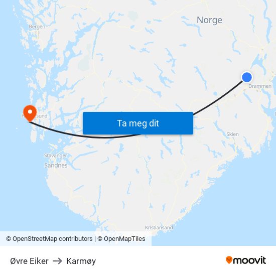 Øvre Eiker to Karmøy map