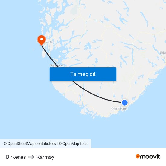 Birkenes to Karmøy map