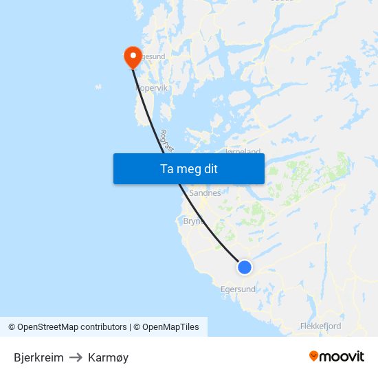 Bjerkreim to Karmøy map