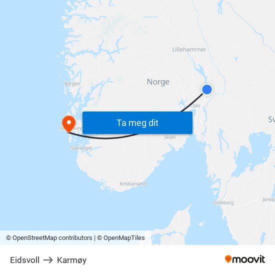 Eidsvoll to Karmøy map