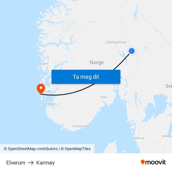 Elverum to Karmøy map