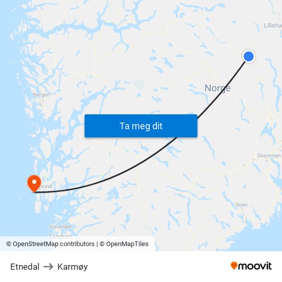 Etnedal to Karmøy map