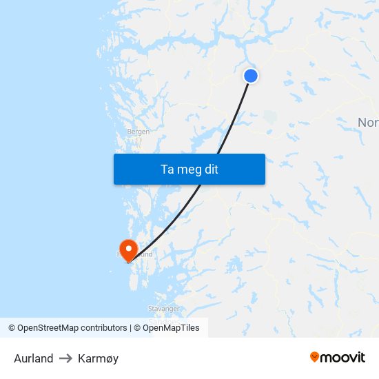 Aurland to Karmøy map