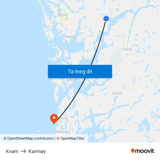 Kvam to Karmøy map