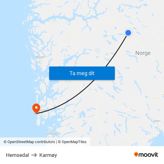 Hemsedal to Karmøy map