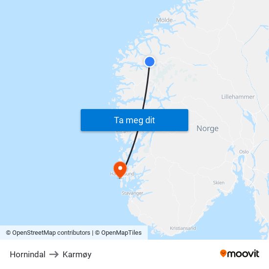 Hornindal to Karmøy map